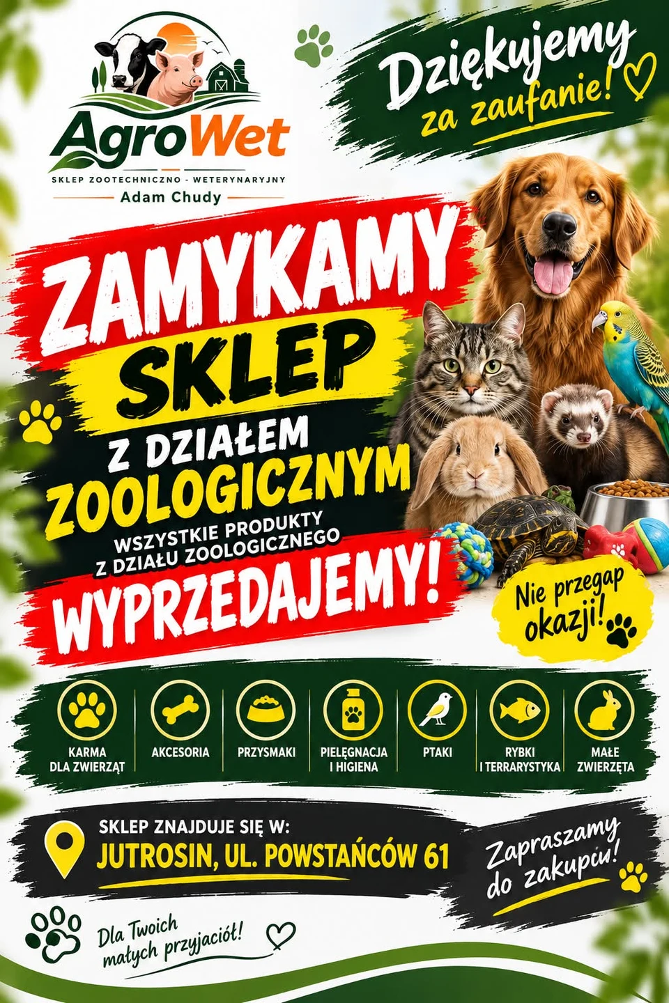 AgroWet Jutrosin zamyka dział zoologiczny i ogłasza wielką wyprzedaż