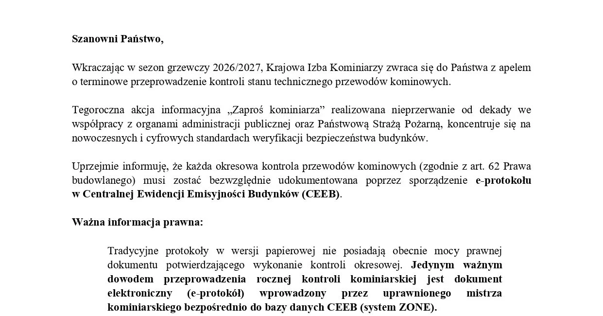 Komunikat Prezesa Krajowej Izby Kominiarzy